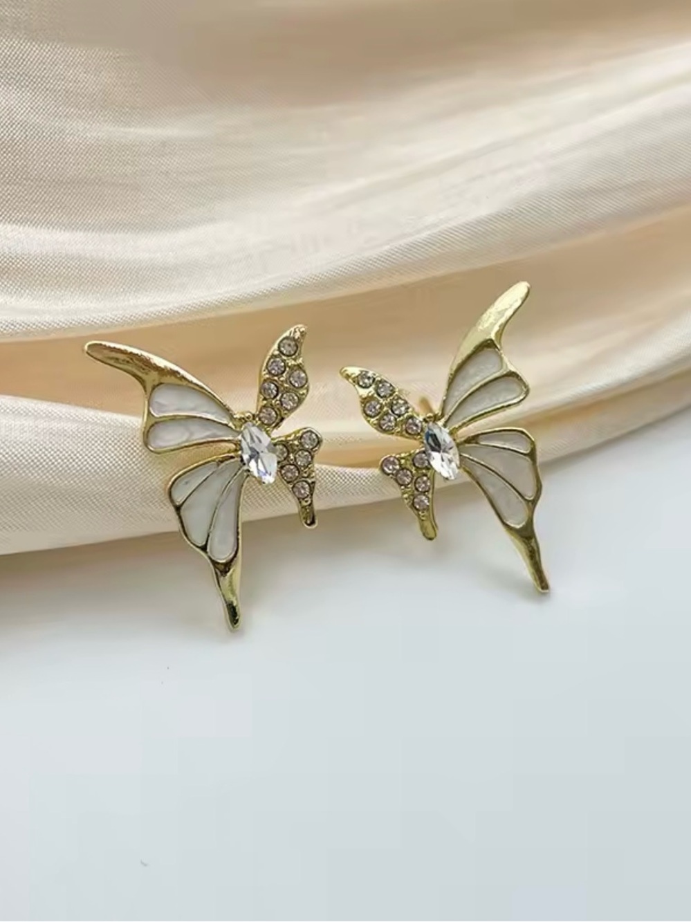 Gold & White Butterfly Crystal Stud Earrings - Women Jewelry new